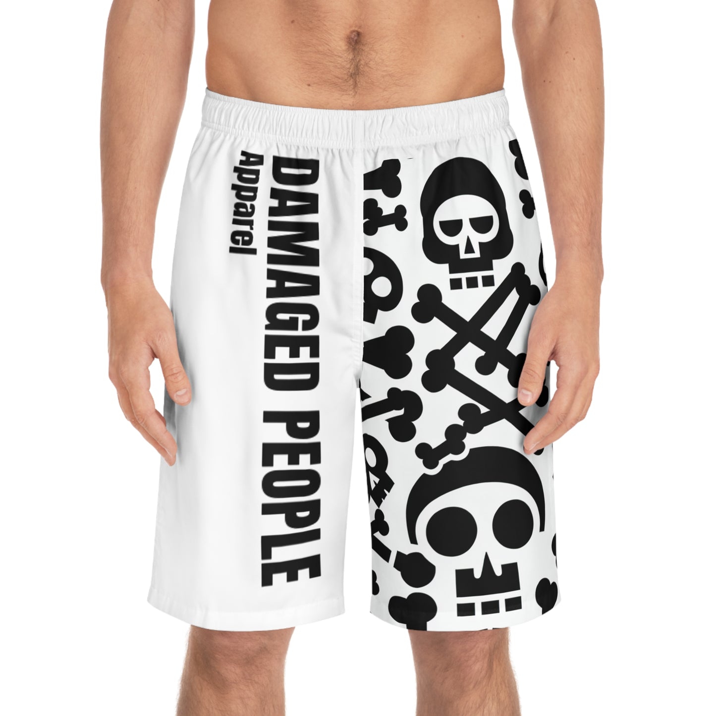 Damaged People Skull Print Men's Board Shorts - Edgy Summer Swimwear